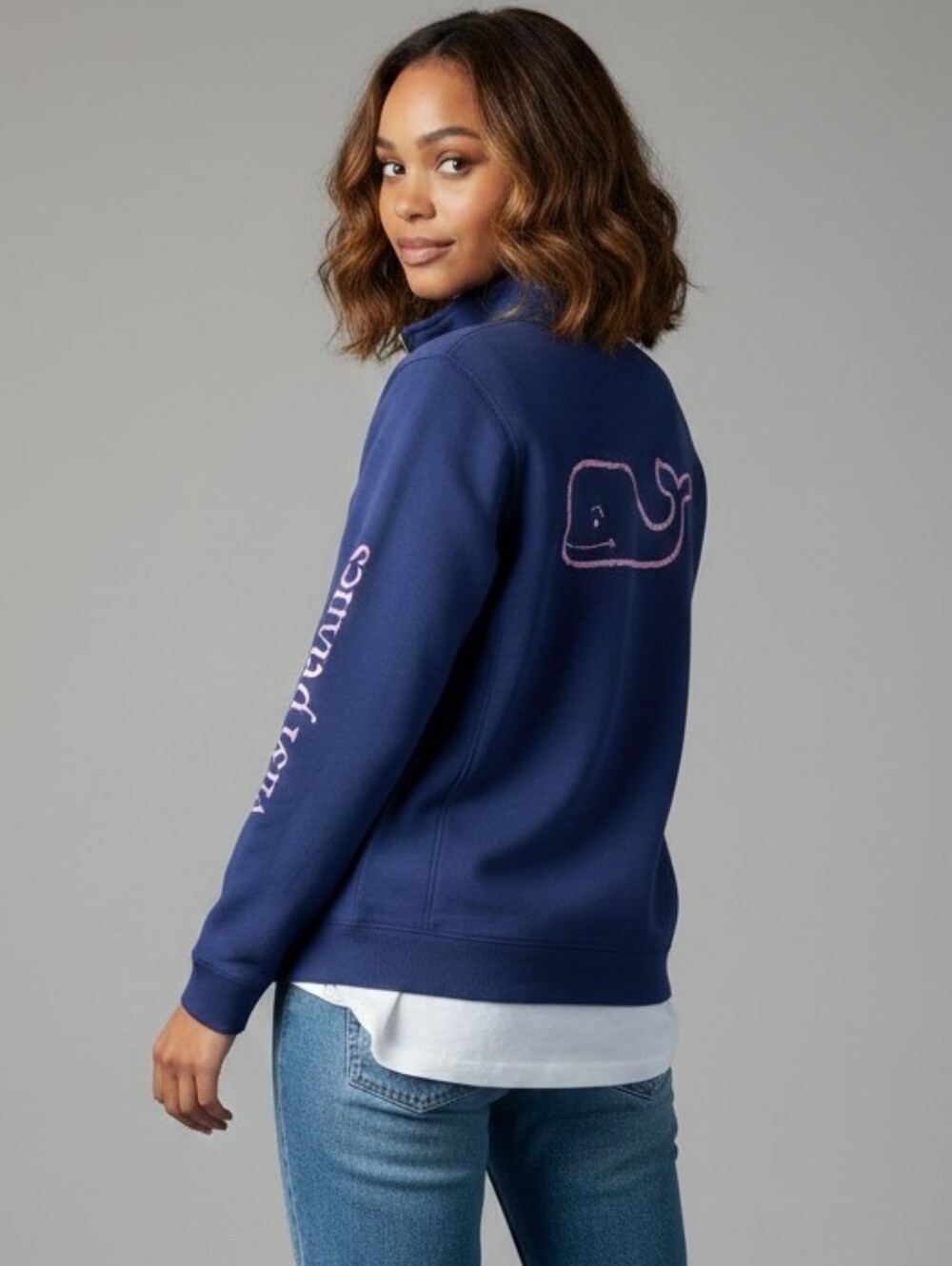 Vineyard Vines Blue 1/4 Zip Pullover Top Pink Whale Logo Size Medium